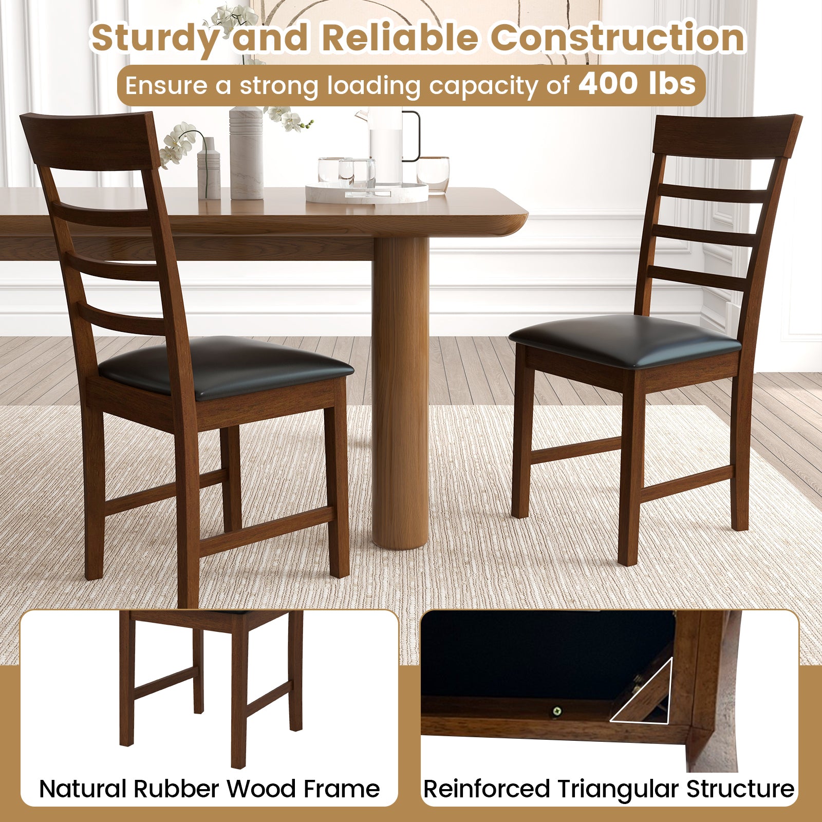 Wooden Dining Chair with Rubber Wood Frame Set of 2-Oak