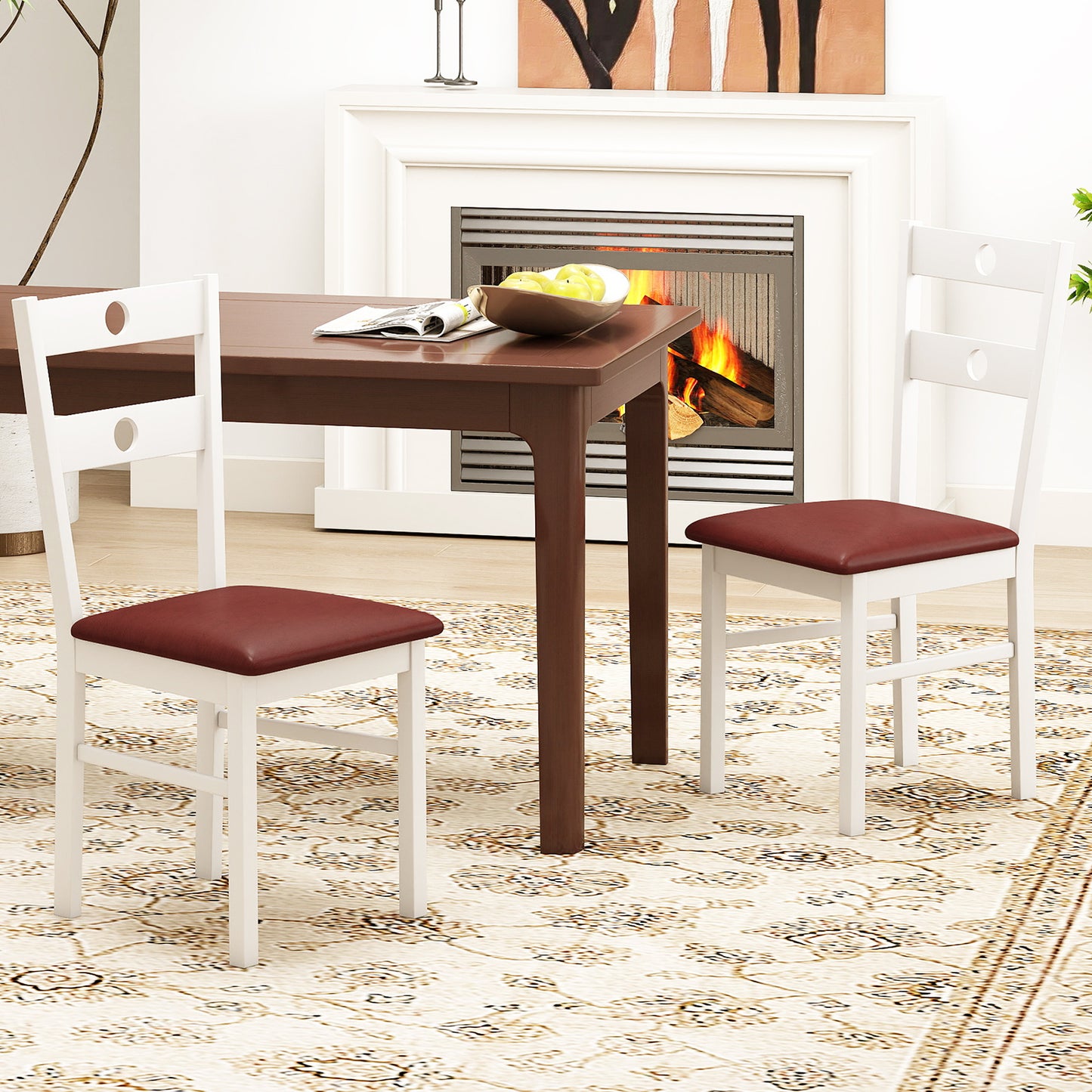 Wooden Dining Chairs Set of 2 Armless Kitchen Chairs with Hollowed Backrest-White