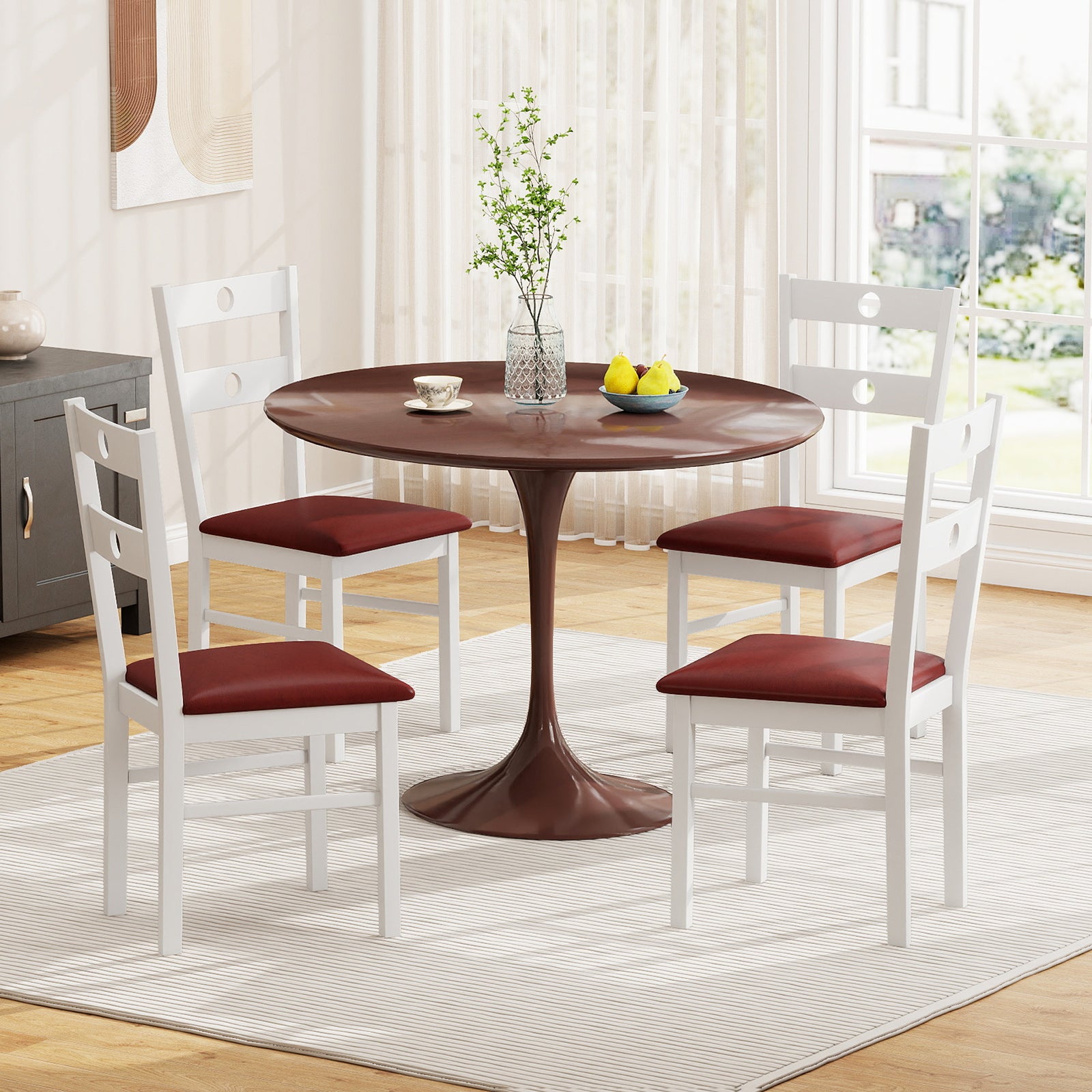 Wooden Dining Chairs Set of 2 Armless Kitchen Chairs with Hollowed Backrest-White