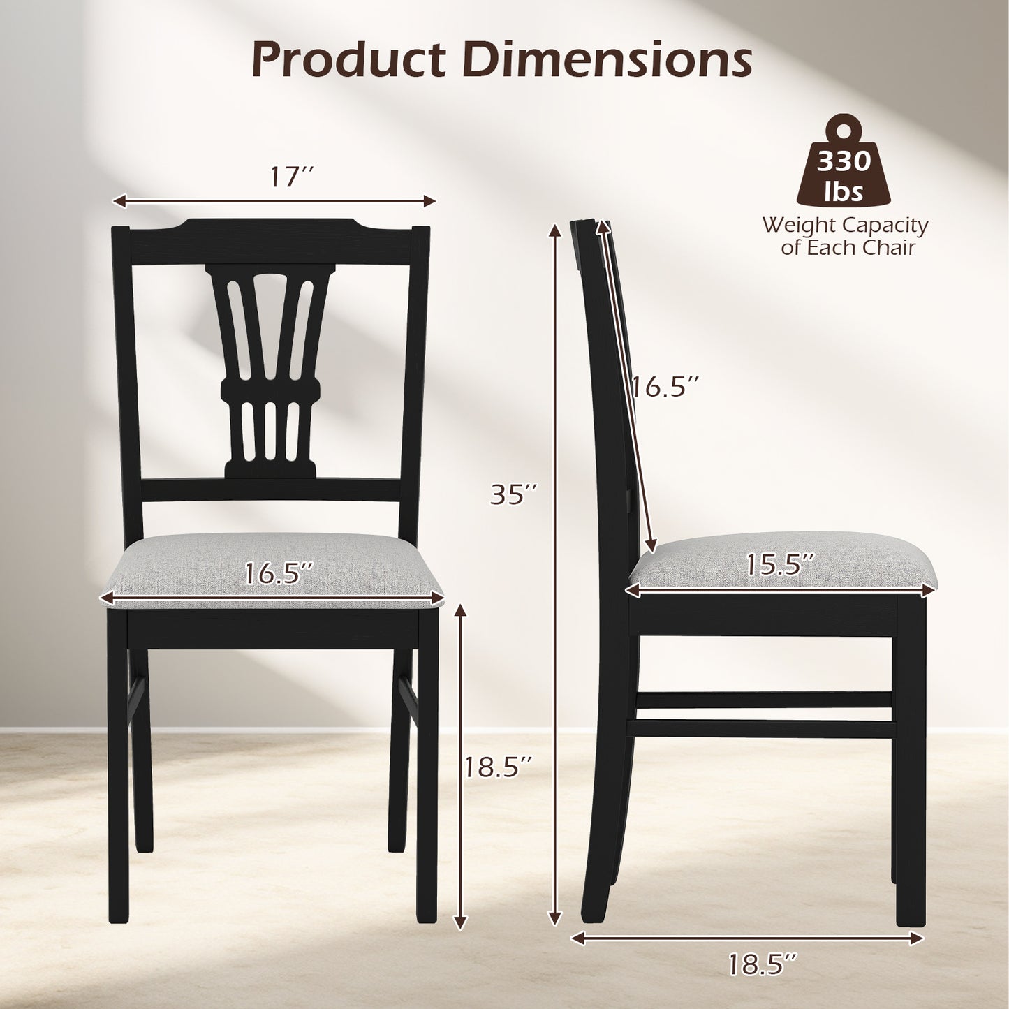 Wooden Dining Chairs Set of 2 Upholstered Kitchen Chairs with Solid Rubber Wood Frame-Gray