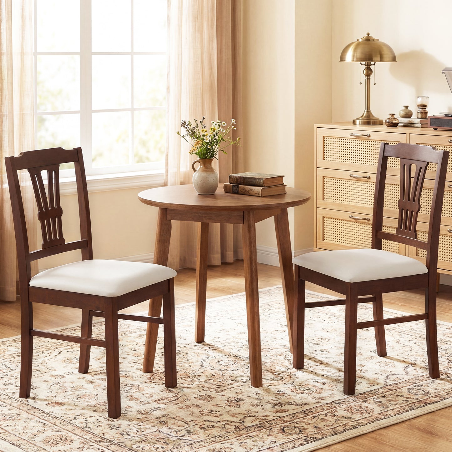 Wooden Dining Chairs Set of 2 Upholstered Kitchen Chairs with Solid Rubber Wood Frame-Beige