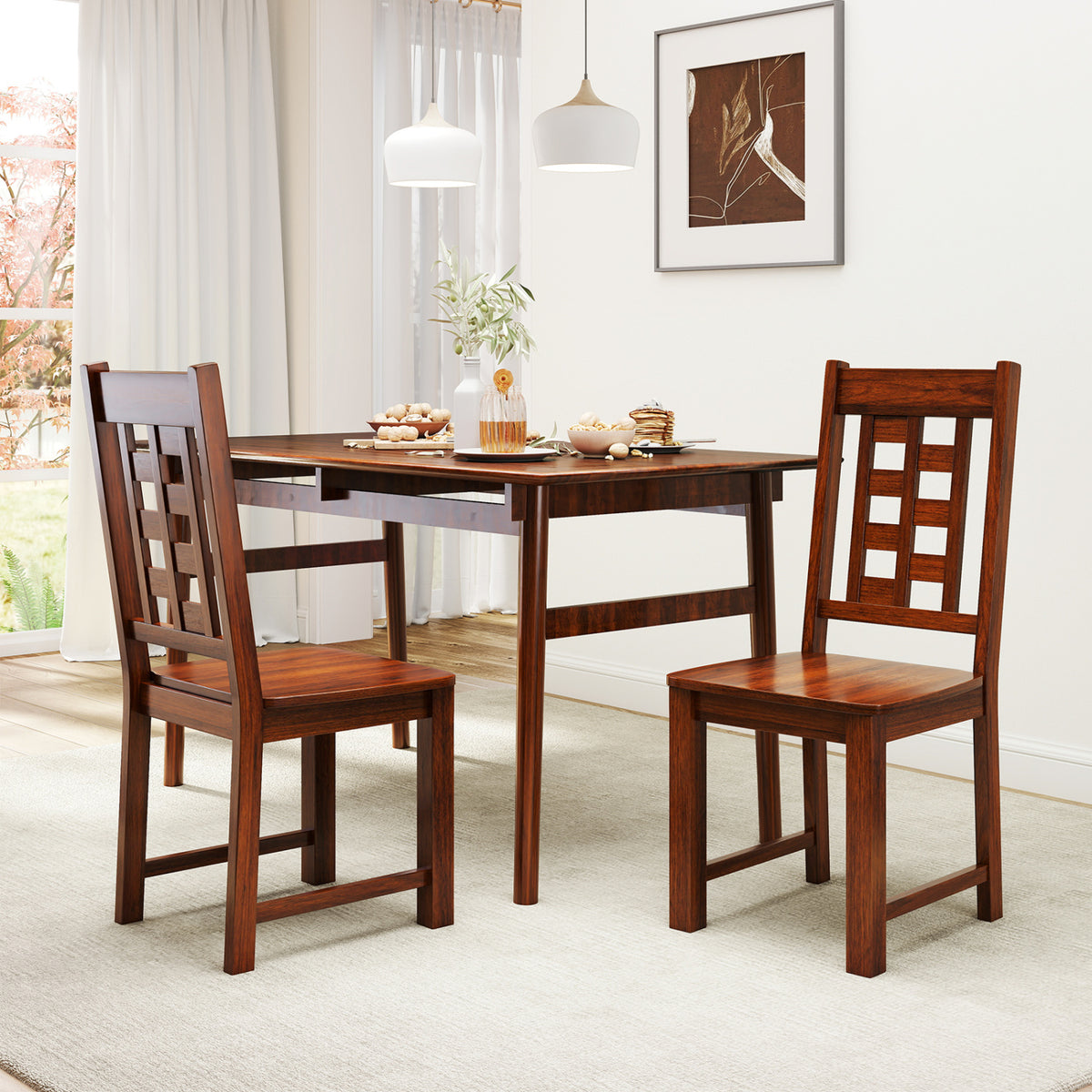 Wooden Dining Chairs Set of 2 Kitchen Chair with Solid Rubber Wood Frame-Walnut