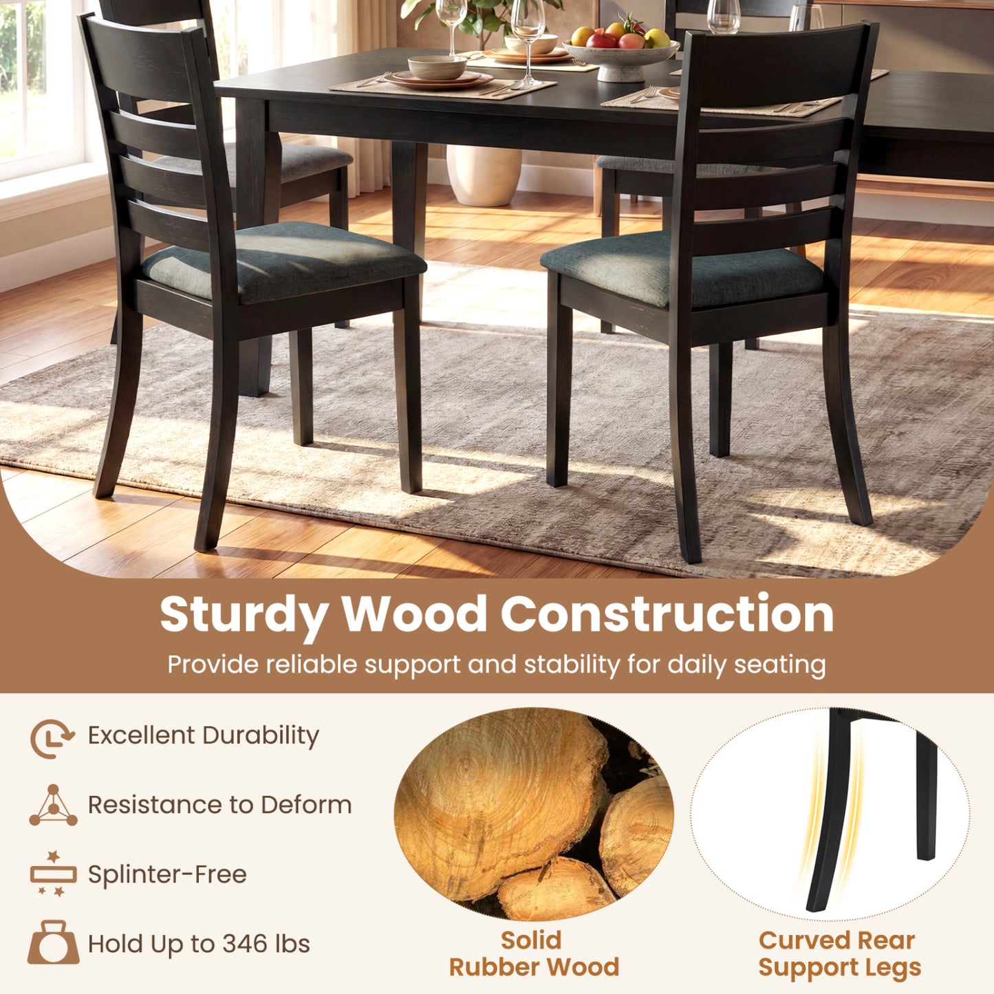 Wooden Dining Chairs Set of 4 Upholstered Kitchen Chairs with Rubber Wood Frame