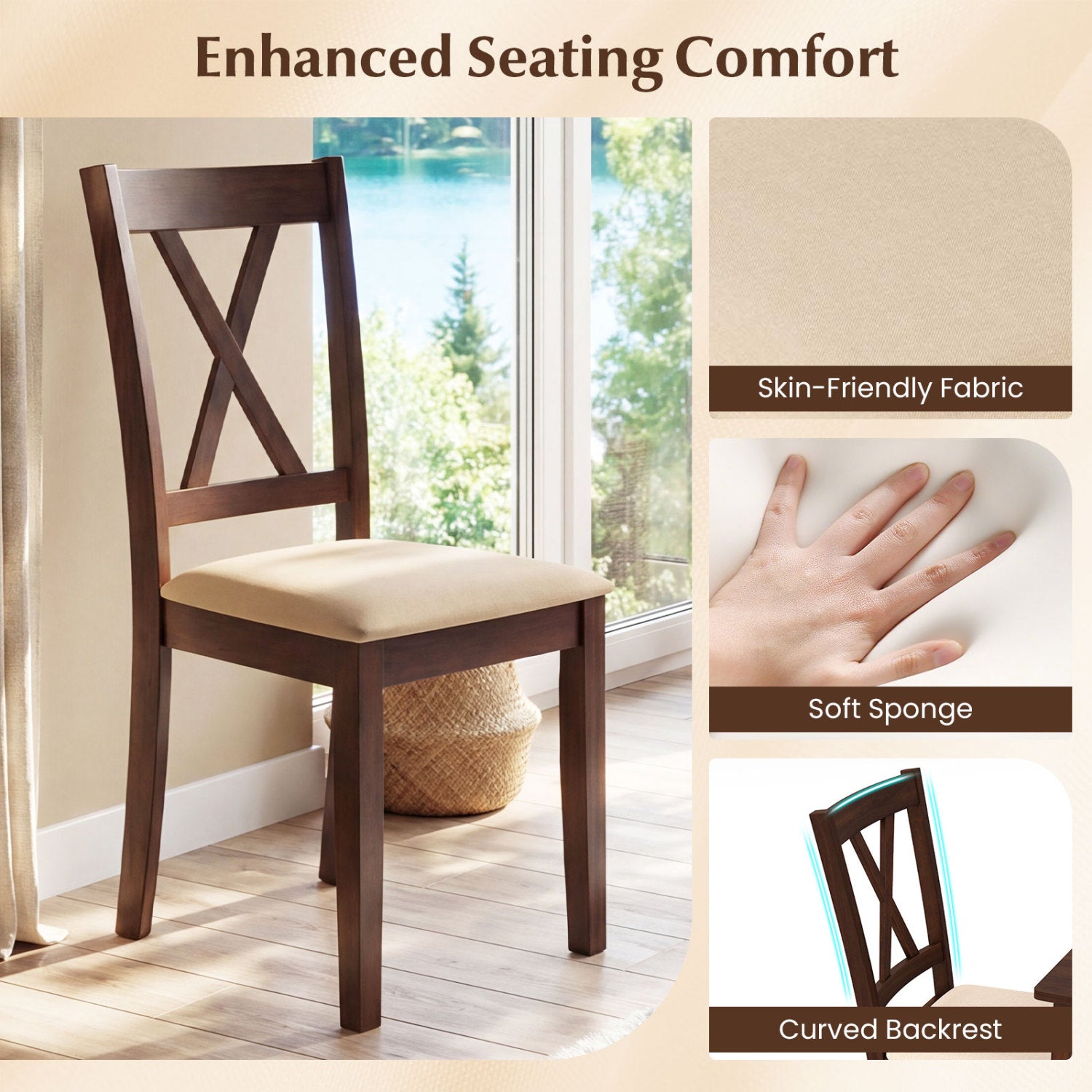 Wooden Dining Chairs Set of 4 Fabric Upholstered Kitchen Chairs