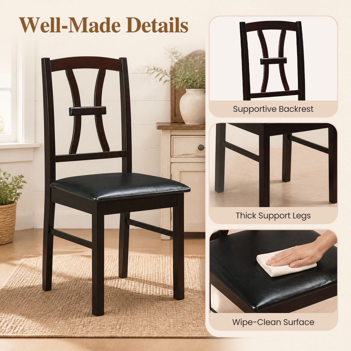 Dining Chairs Set of 2 with Padded Faux Leather Seats