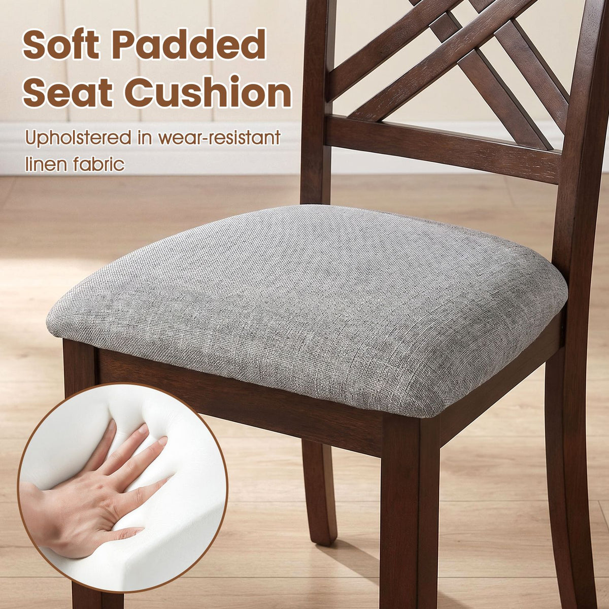 Wooden Dining Chairs Set of 4 with Fabric Padded Seat and Solid Rubber Wood for Kitchen
