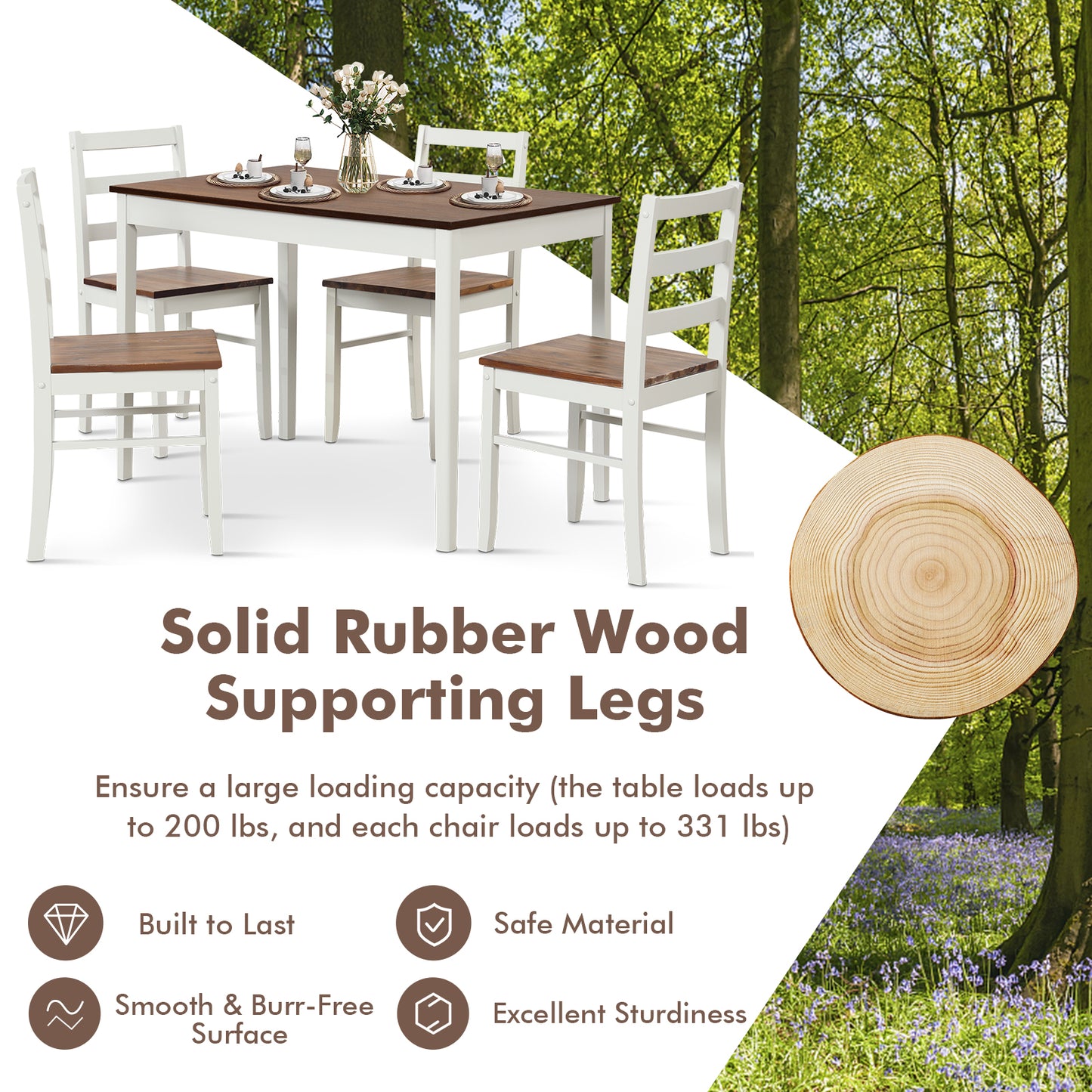 5-Piece Wooden Dining Set with Rectangular Table and 4 Chairs