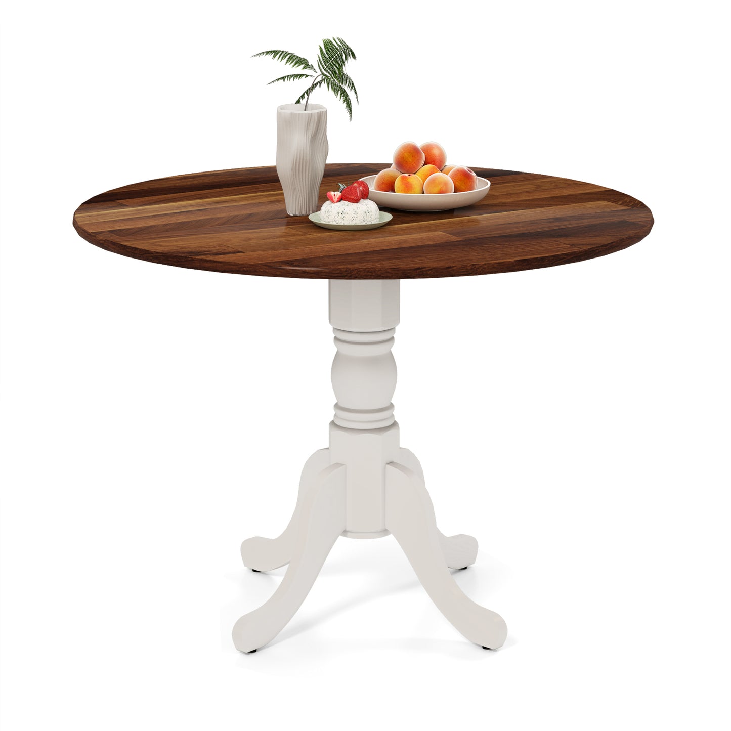 Wooden Dining Table with Round Tabletop and Curved Trestle Legs-Natural - Walnut & White
