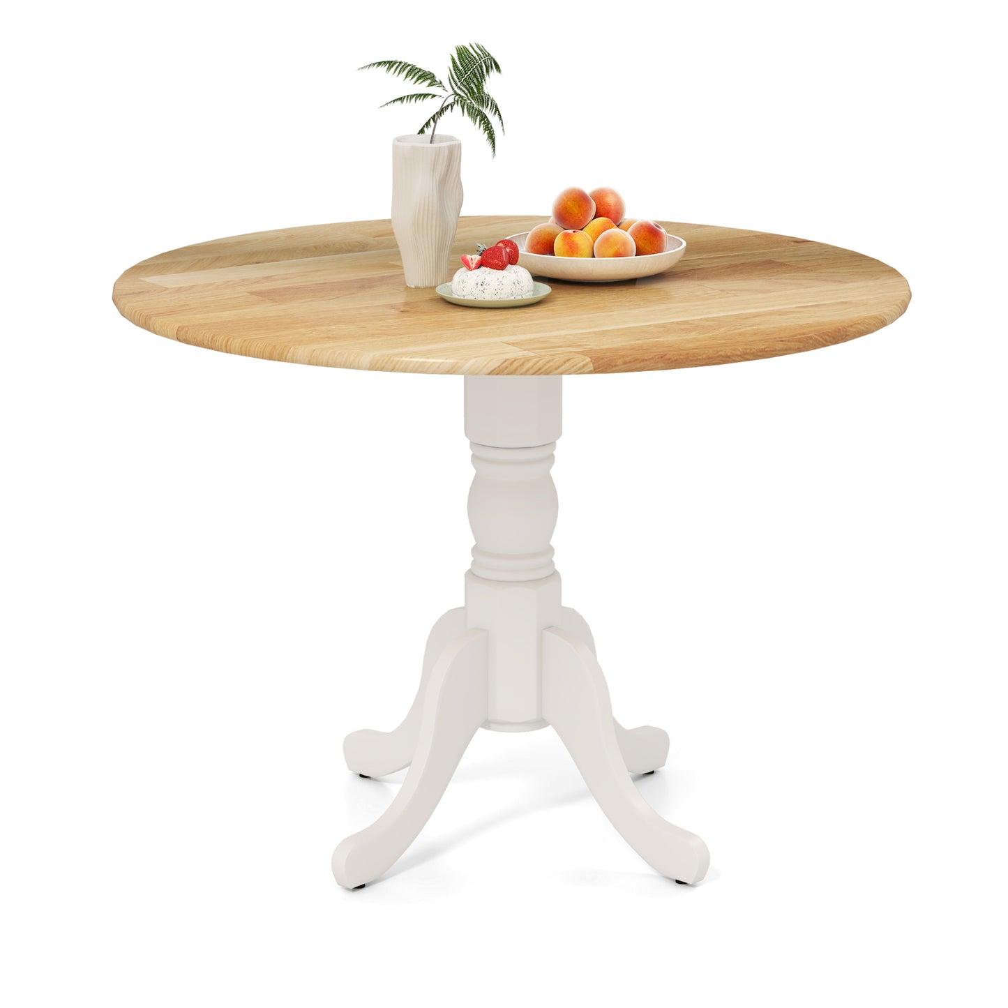 Wooden Dining Table with Round Tabletop and Curved Trestle Legs-Natural - Natural & White