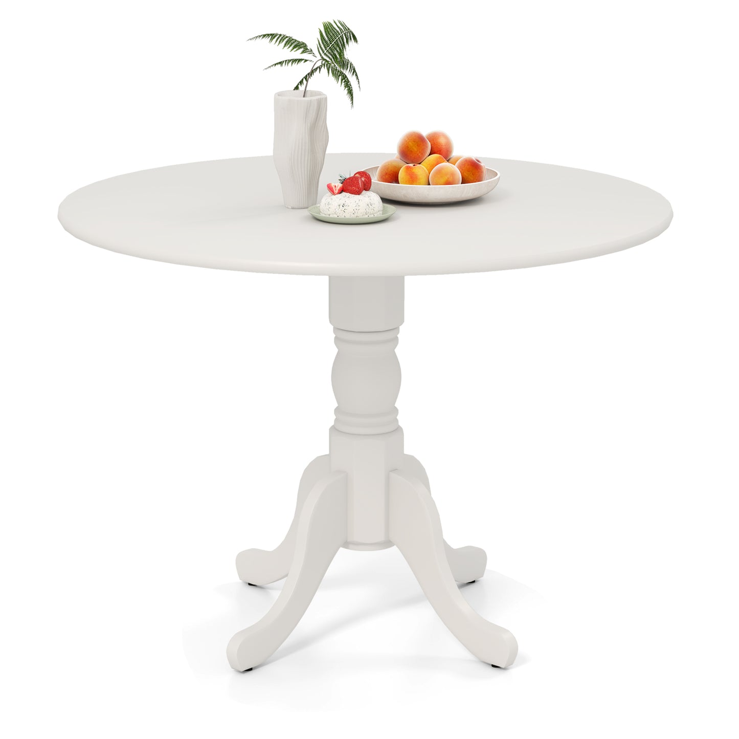 Wooden Dining Table with Round Tabletop and Curved Trestle Legs-Natural - White