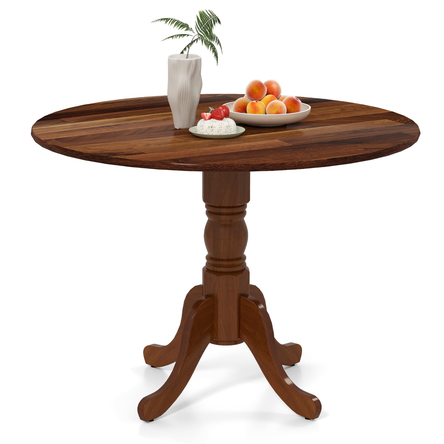Wooden Dining Table with Round Tabletop and Curved Trestle Legs-Natural - Walnut