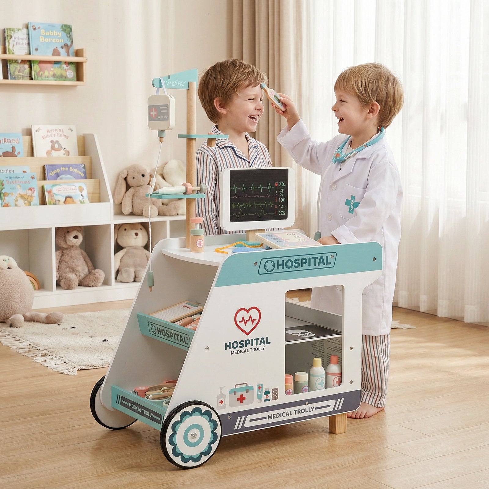 Wooden Doctor Playset for Kids Pretend Play Doctor Kit with Cart Gift for Toddlers Boys Girls Aged 3+-Green