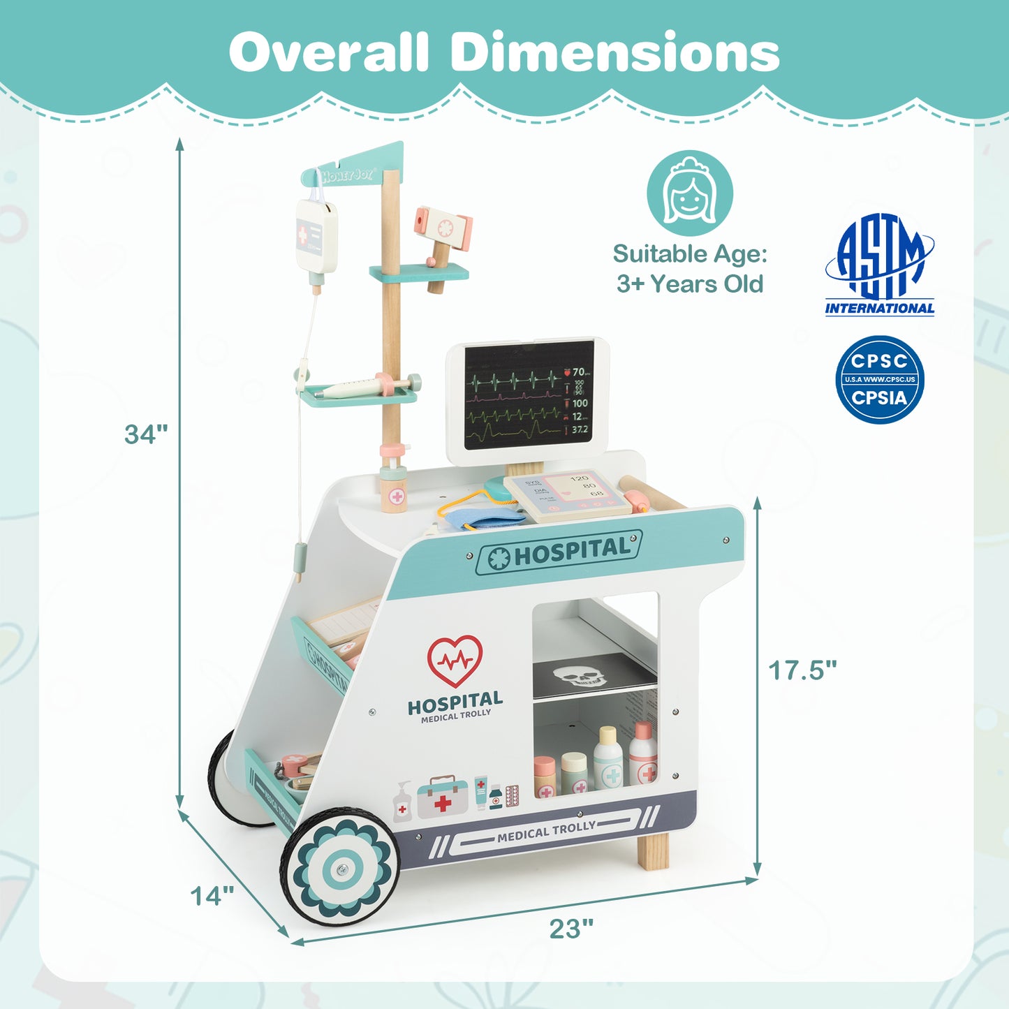Wooden Doctor Playset for Kids Pretend Play Doctor Kit with Cart Gift for Toddlers Boys Girls Aged 3+-Green