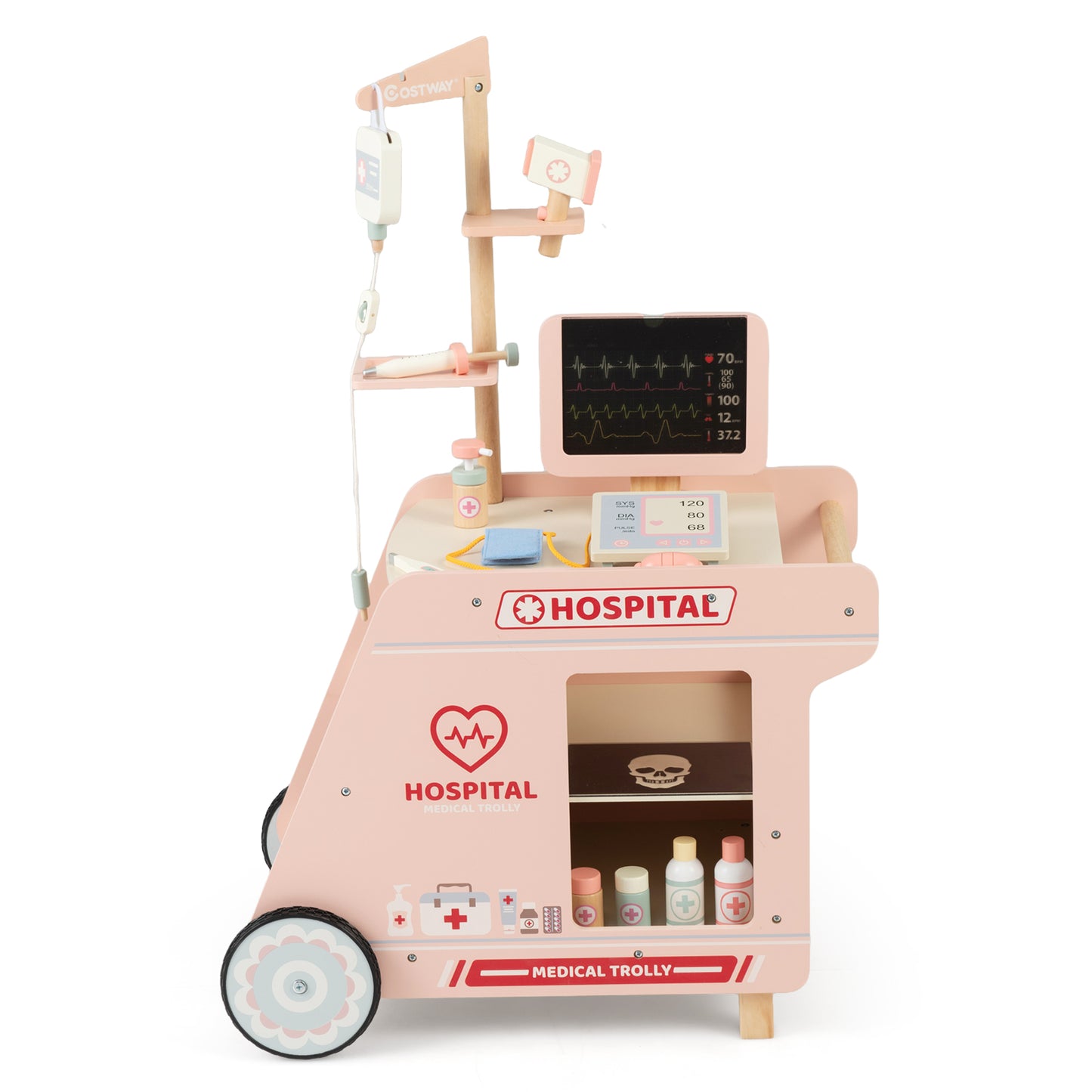 Wooden Doctor Playset for Kids Pretend Play Doctor Kit with Cart Gift for Toddlers Boys Girls Aged 3+-Pink