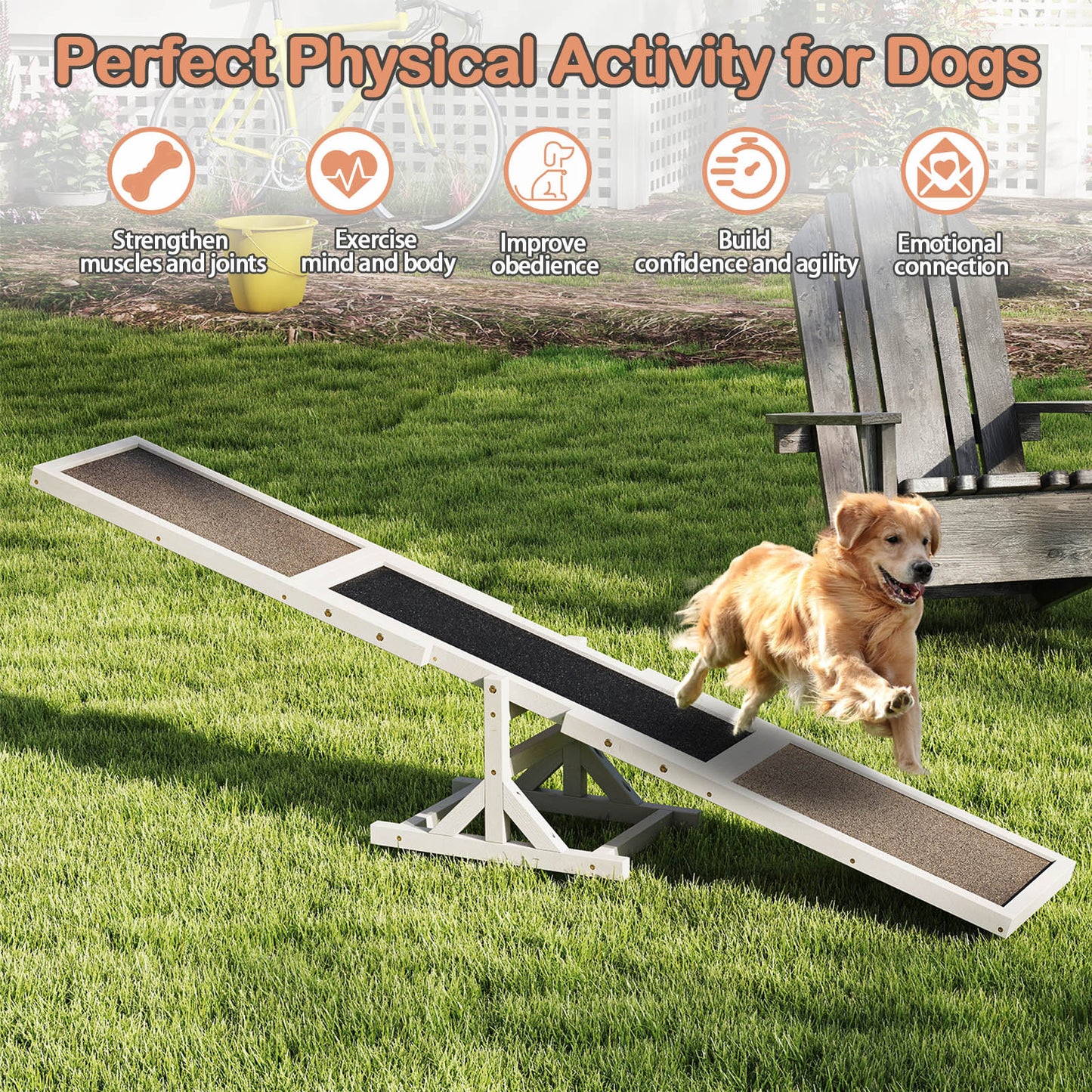 Wooden Dog Agility Seesaw Dog Outdoor Run Game Toy for Obstacle Courses-White