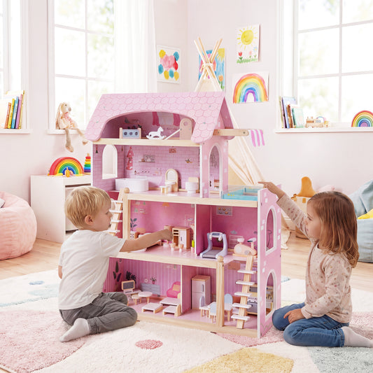 Wooden Dollhouse with 33 Furniture Pieces - 3 Story Playhouse