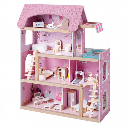 Wooden Dollhouse with 33 Furniture Pieces - 3 Story Playhouse