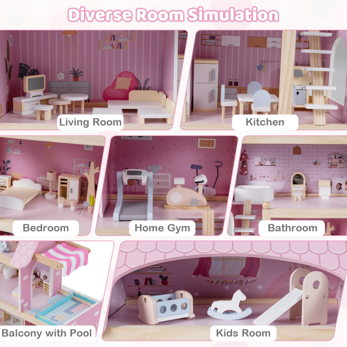 Wooden Dollhouse with 33 Furniture Pieces - 3 Story Playhouse