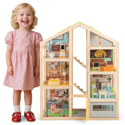 Wooden Dollhouse for Kids Modern Family Pretend Playhouse with Furniture Pieces and Figures-Natural