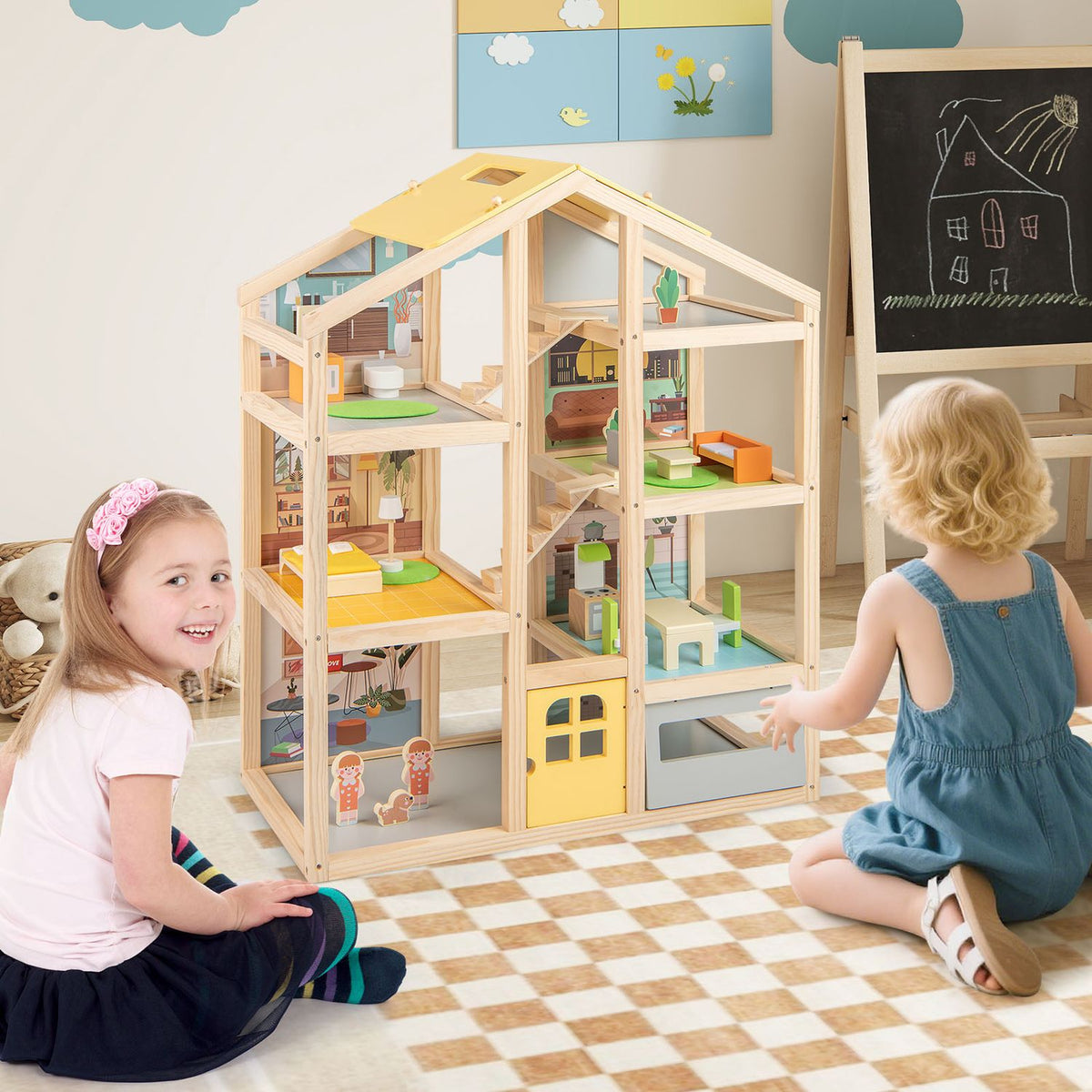Wooden Dollhouse for Kids Modern Family Pretend Playhouse with Furniture Pieces and Figures-Natural