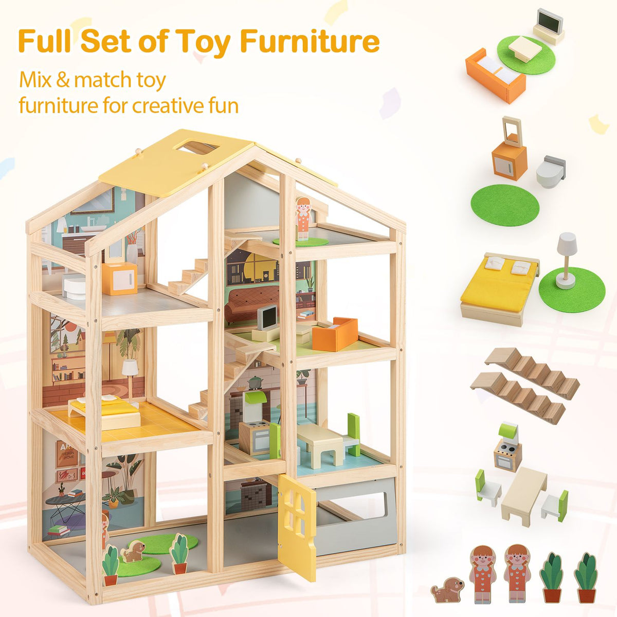 Wooden Dollhouse for Kids Modern Family Pretend Playhouse with Furniture Pieces and Figures-Natural