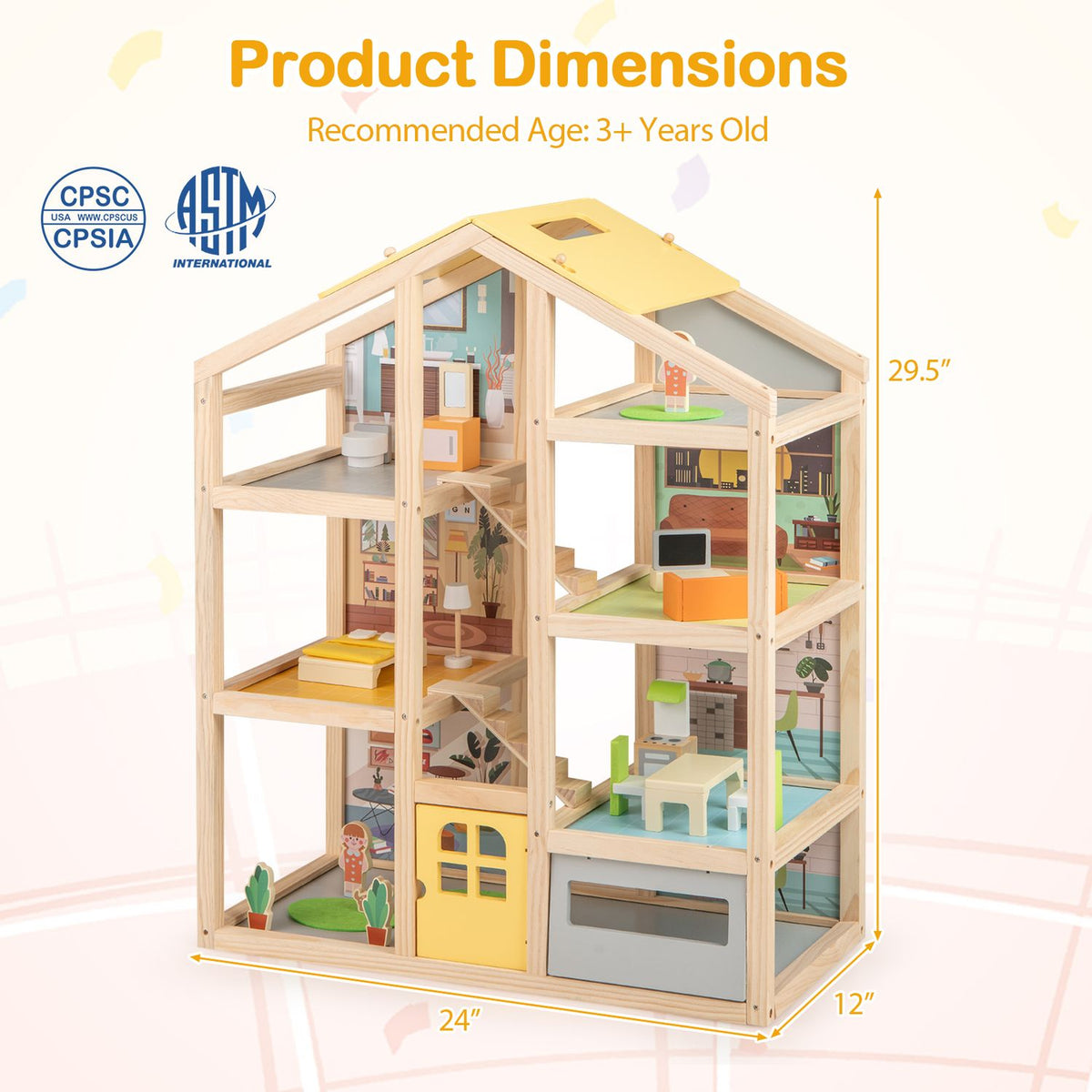 Wooden Dollhouse for Kids Modern Family Pretend Playhouse with Furniture Pieces and Figures-Natural
