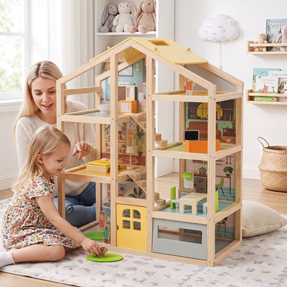 Wooden Dollhouse for Kids Modern Family Pretend Playhouse with Furniture Pieces and Figures-Natural