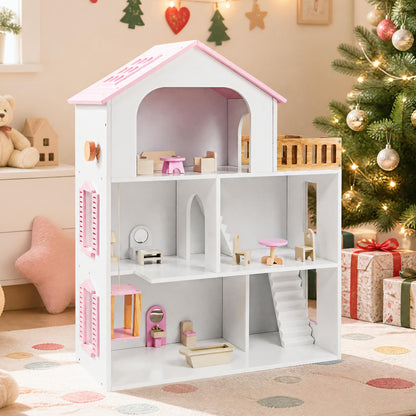 Wooden Dollhouse with 5 Rooms and Furniture for Kids