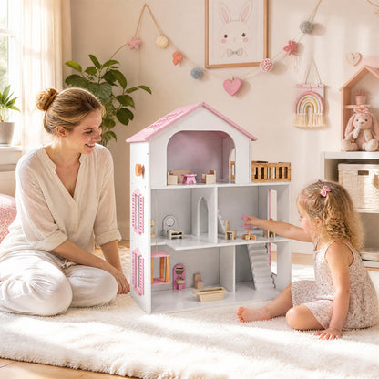 Wooden Dollhouse with 5 Rooms and Furniture for Kids
