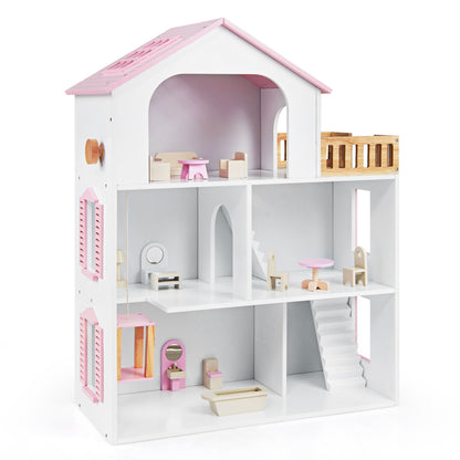 Wooden Dollhouse with 5 Rooms and Furniture for Kids