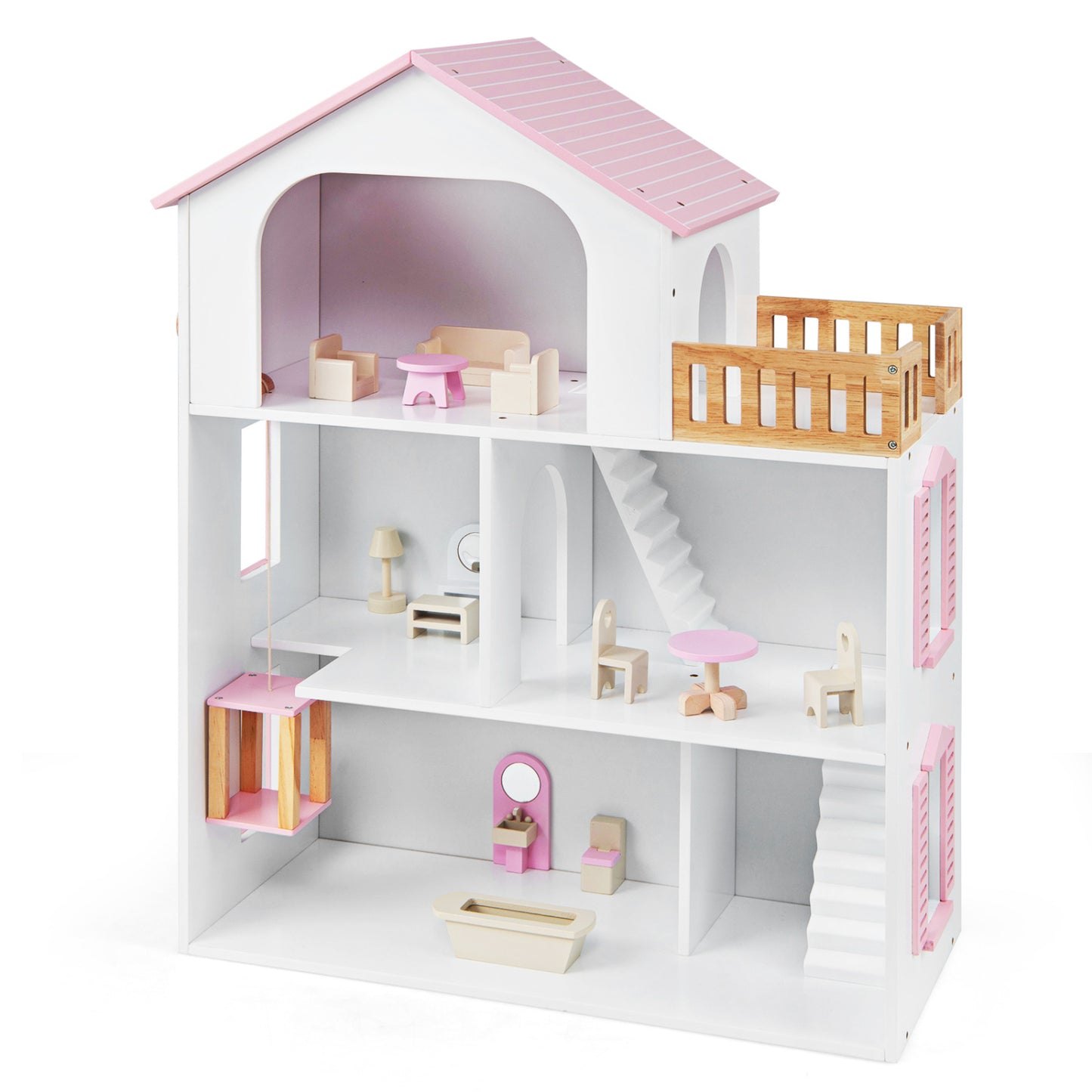 Wooden Dollhouse with 5 Rooms and Furniture for Kids