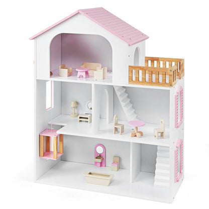 Wooden Dollhouse with 5 Rooms and Furniture for Kids