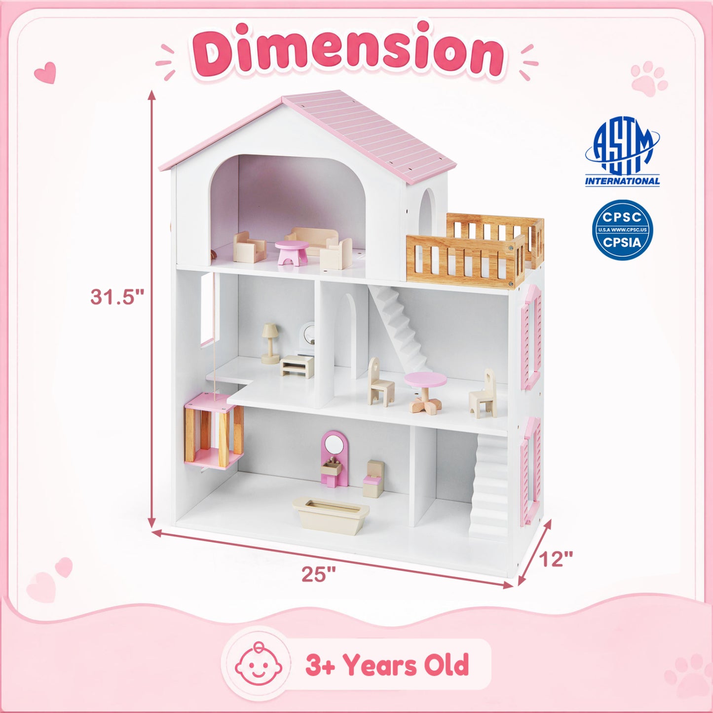 Wooden Dollhouse with 5 Rooms and Furniture for Kids