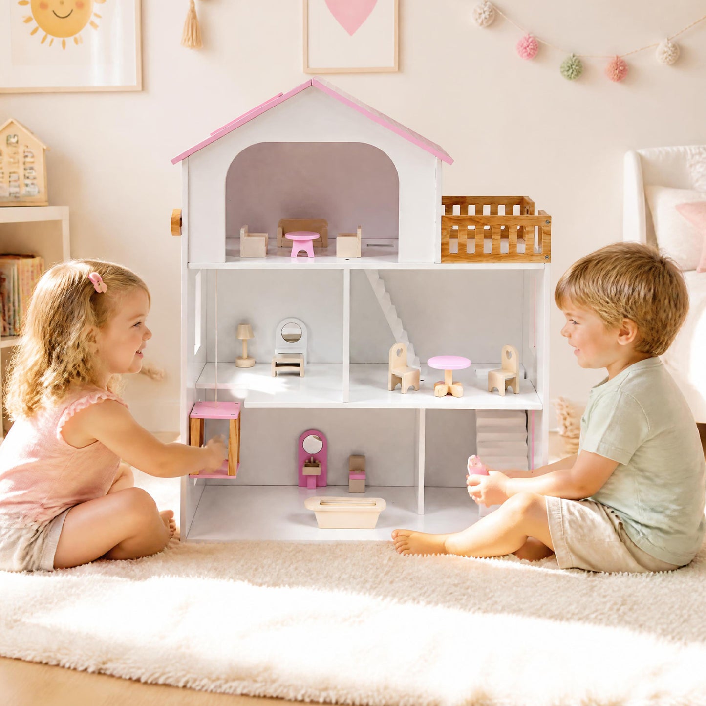 Wooden Dollhouse with 5 Rooms and Furniture for Kids
