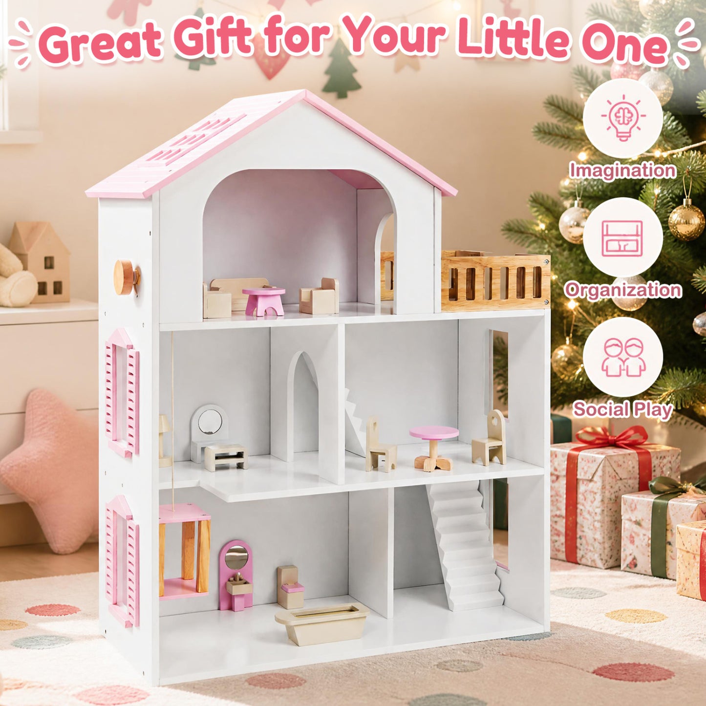Wooden Dollhouse with 5 Rooms and Furniture for Kids
