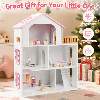 Wooden Dollhouse with 5 Rooms and Furniture for Kids