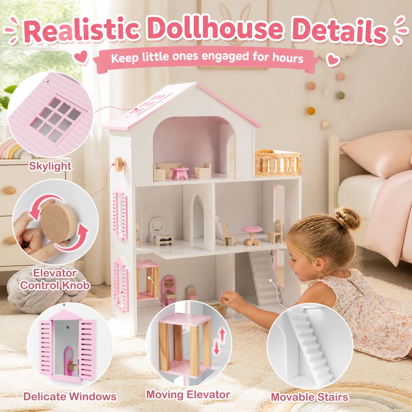 Wooden Dollhouse with 5 Rooms and Furniture for Kids