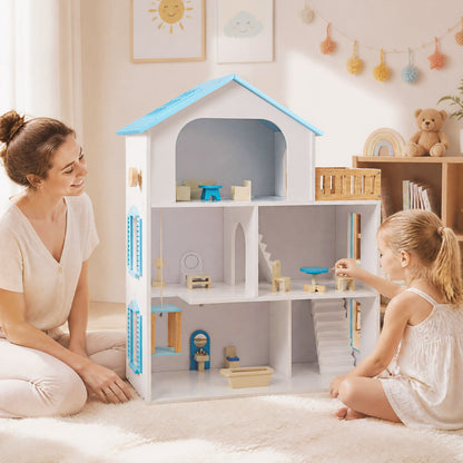 Wooden Dollhouse with 5 Rooms and Furniture for Kids