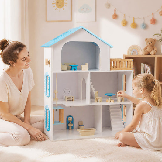 Wooden Dollhouse with 5 Rooms and Furniture for Kids
