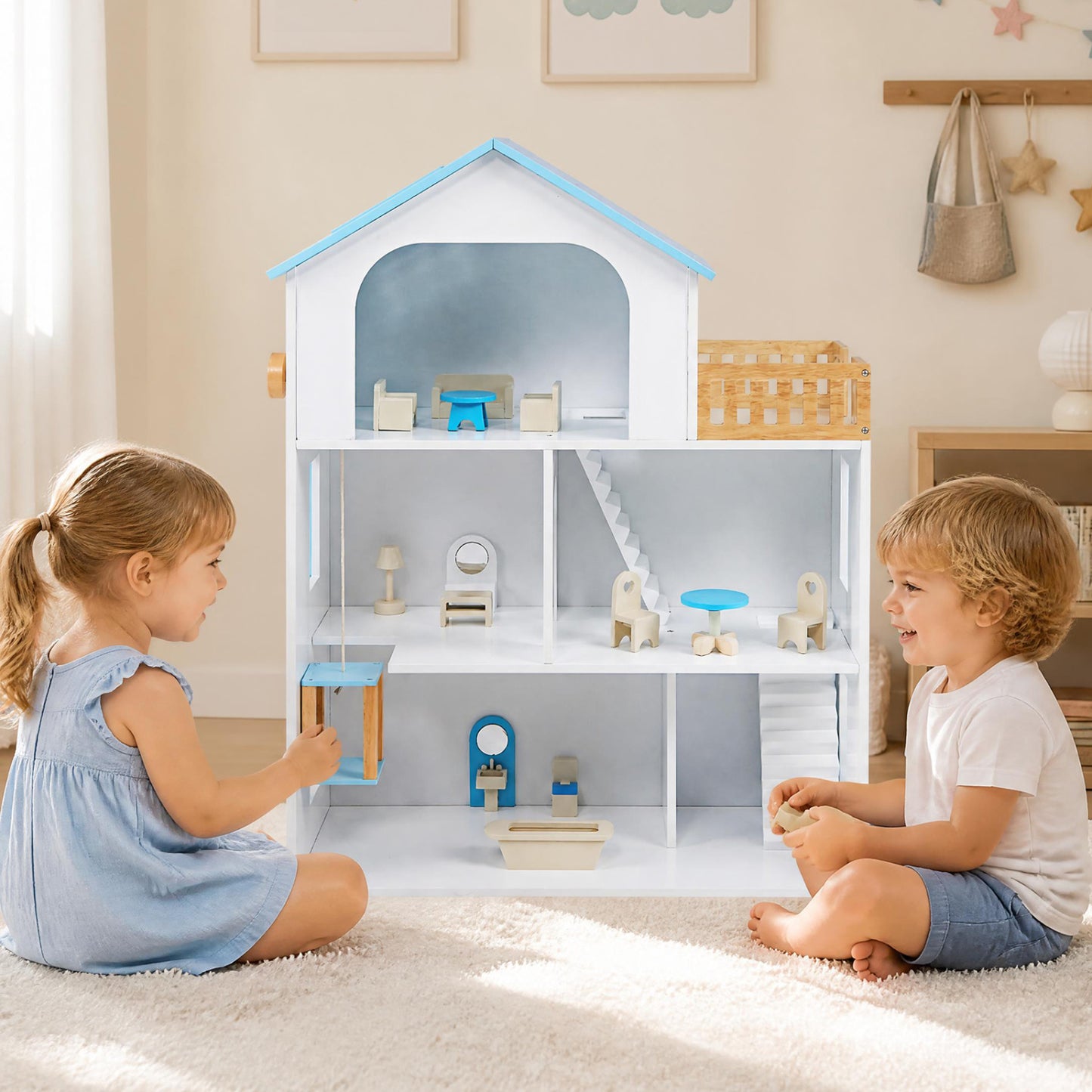 Wooden Dollhouse with 5 Rooms and Furniture for Kids
