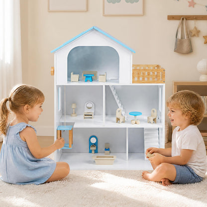 Wooden Dollhouse with 5 Rooms and Furniture for Kids