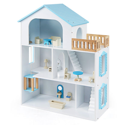 Wooden Dollhouse with 5 Rooms and Furniture for Kids