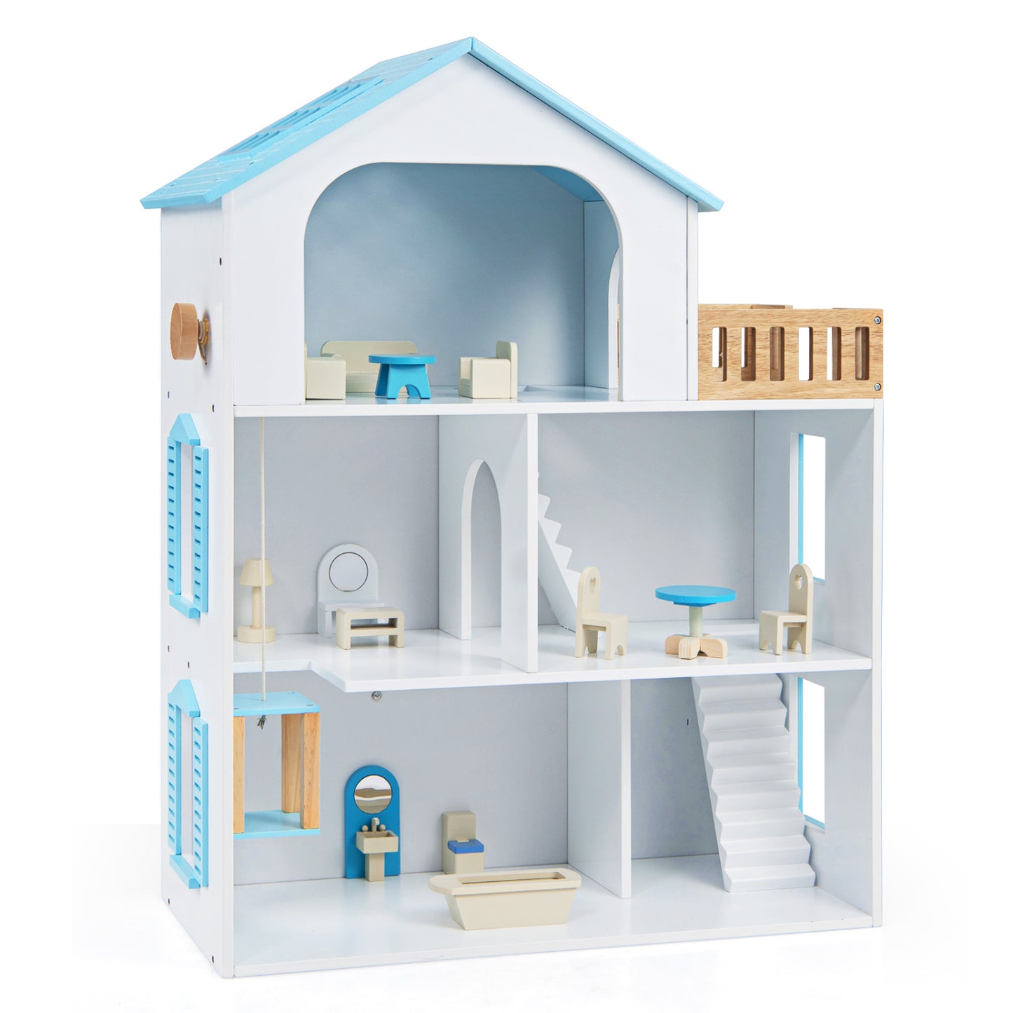 Wooden Dollhouse with 5 Rooms and Furniture for Kids