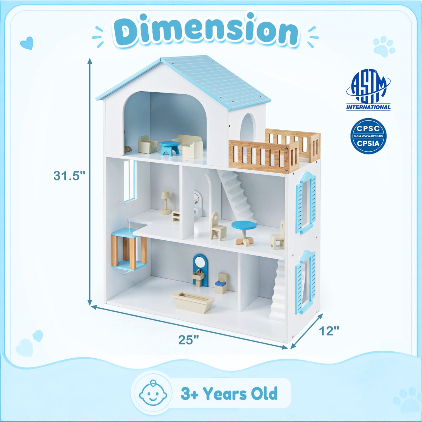 Wooden Dollhouse with 5 Rooms and Furniture for Kids