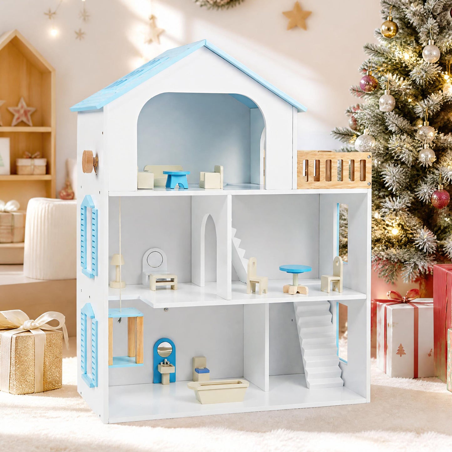 Wooden Dollhouse with 5 Rooms and Furniture for Kids