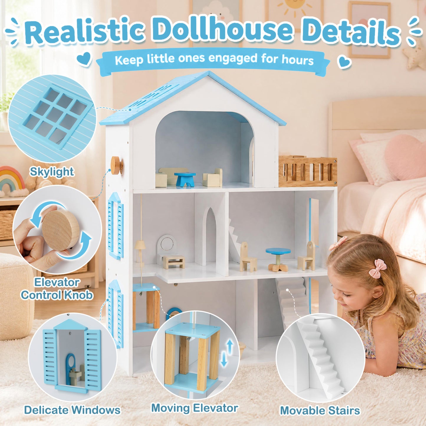 Wooden Dollhouse with 5 Rooms and Furniture for Kids