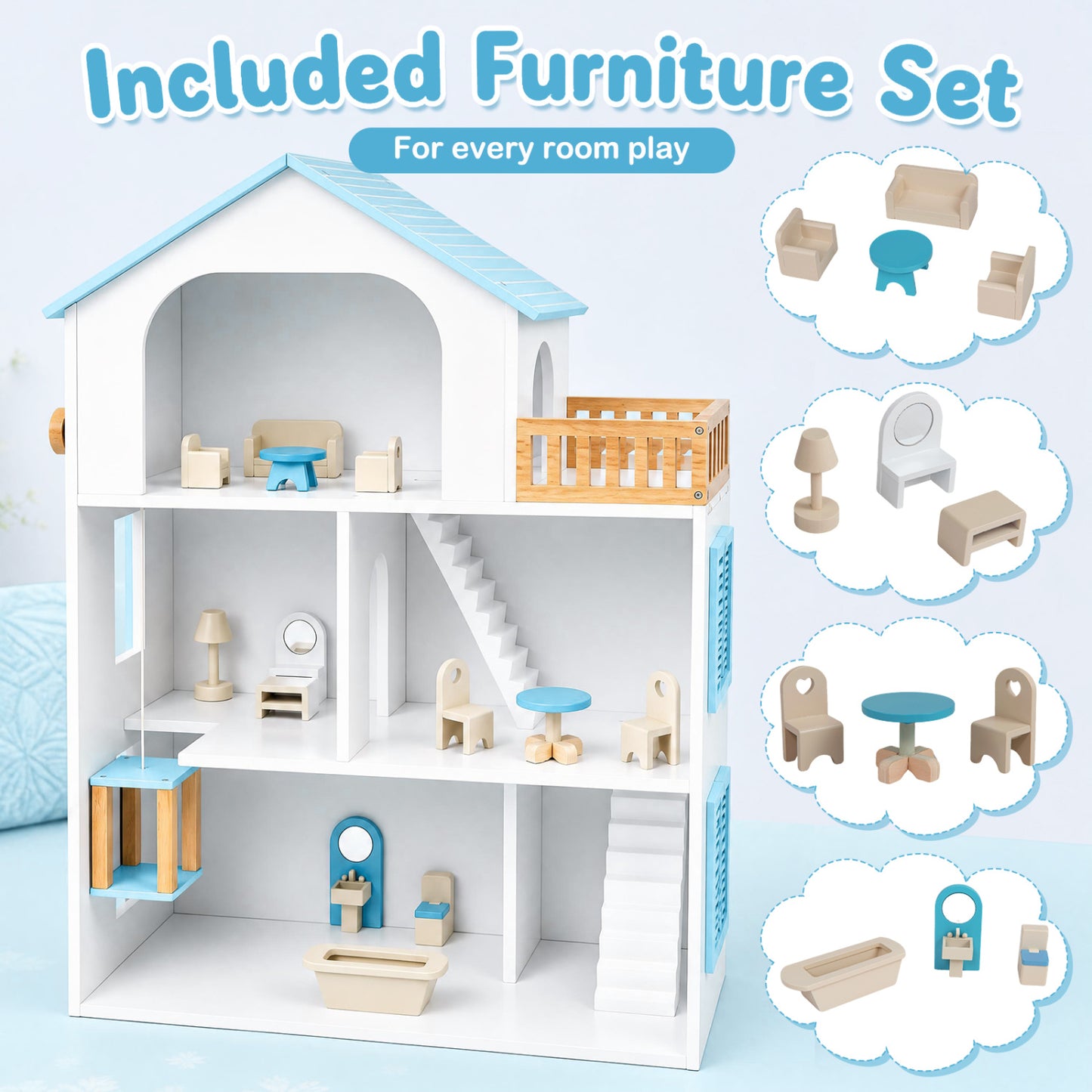 Wooden Dollhouse with 5 Rooms and Furniture for Kids