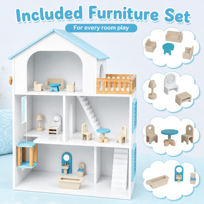Wooden Dollhouse with 5 Rooms and Furniture for Kids