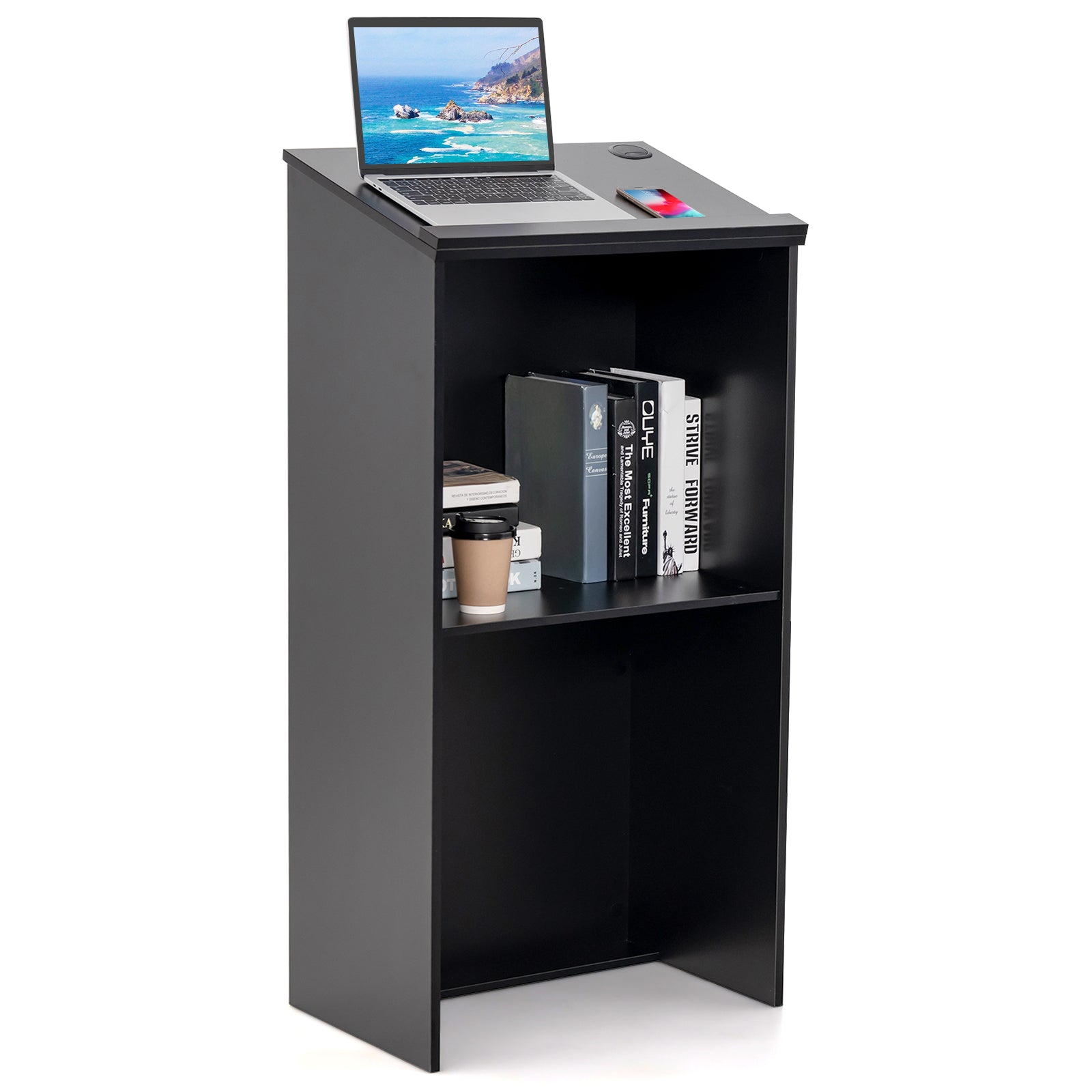 Wooden Floor Standing Podium Speaking Lectern-Black - Black