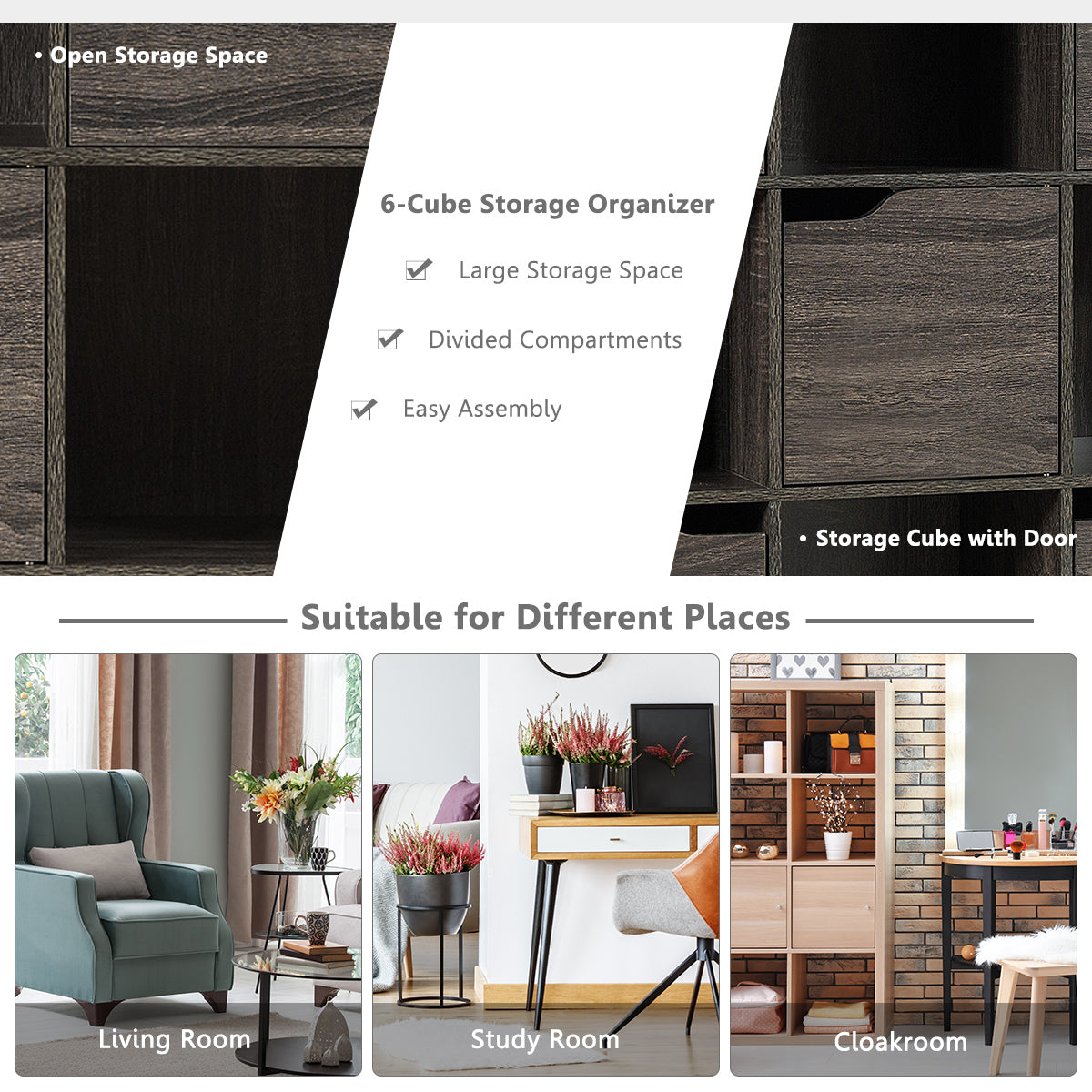 9-Cube Wooden Freestanding Bookcase for Home and Office-Gray